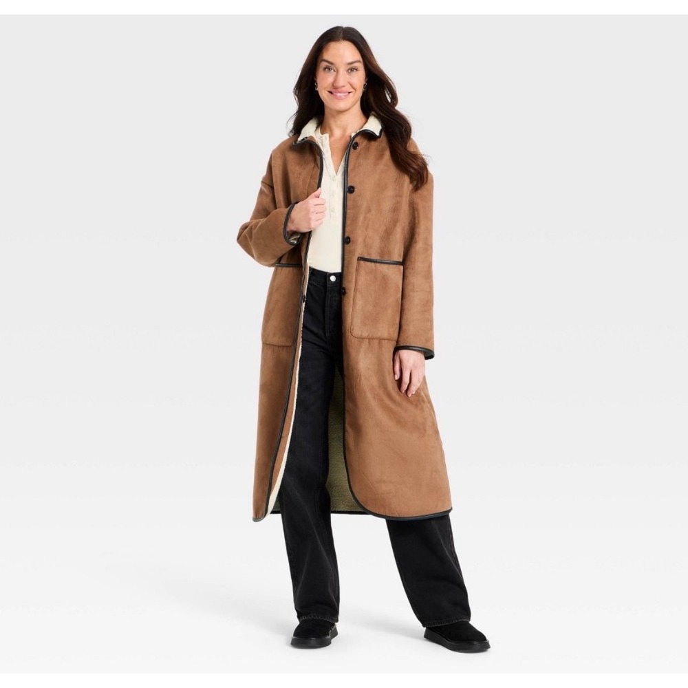 Universal Thread Womens Faux Suede Shearling Longline Coat Tan Brown Small NEW
